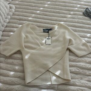 Express Cream Ribbed Wrap Blouse